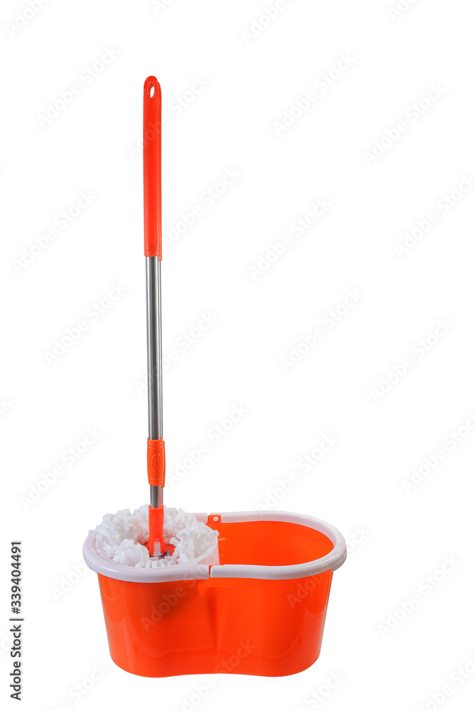 Fototapeta premium Mop bucket and mop isolated on white background with clipping path.