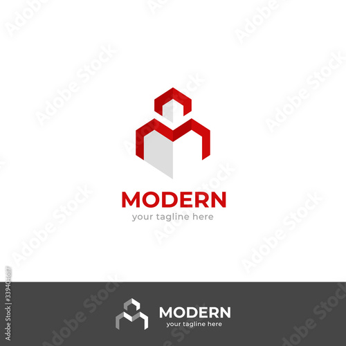 Modern letter M geometric abstract logo line style icon in cubic building shape silhouette, modern simple minimalistic M logo symbol