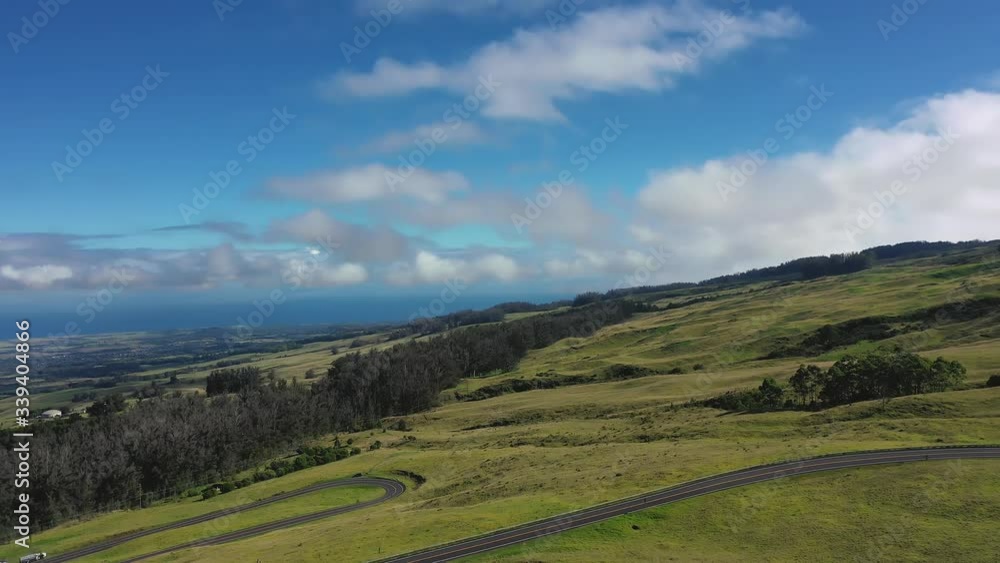 High aerial panoramic view of green low lying countryside on sunny blue day, Hawaii High aerial panoramic view of green low lying countryside on sunny blue day, Hawaii