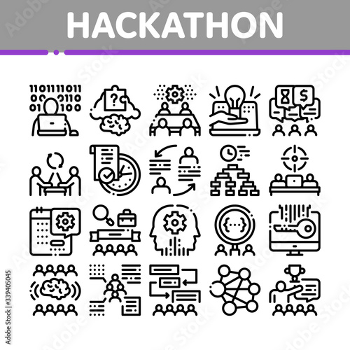 Hackathon Development Collection Icons Set Vector. Hackathon Business, Developer Coding And Brainstorm, Meeting And Idea Concept Linear Pictograms. Monochrome Contour Illustrations