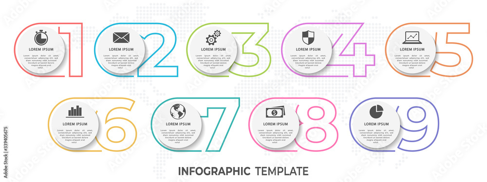 Fototapeta premium Modern infographic template thin line style, with numbers and circle 9 options.