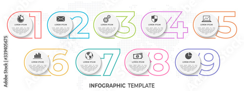 Modern infographic template thin line style, with numbers and circle 9 options.