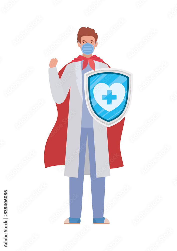man doctor hero with cape and shield against 2019 ncov virus vector design man doctor hero with cape and shield against 2019 ncov virus vector design
