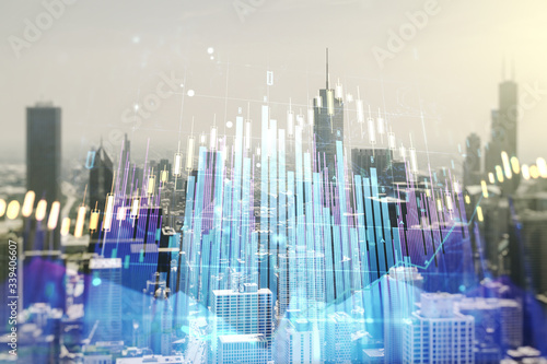 Multi exposure of virtual abstract financial graph interface on Chicago cityscape background, financial and trading concept