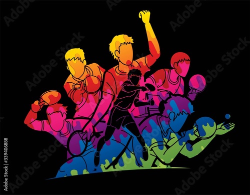 Group of Ping Pong players, Table Tennis players action cartoon sport graphic vector.