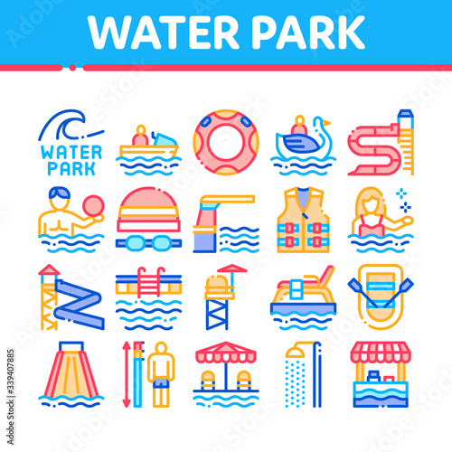Water Park Attraction Collection Icons Set Vector. Swimming Wear And Equipment, Life Jacket And Lifebuoy, Boat And Water Park Pool Concept Linear Pictograms. Color Illustrations
