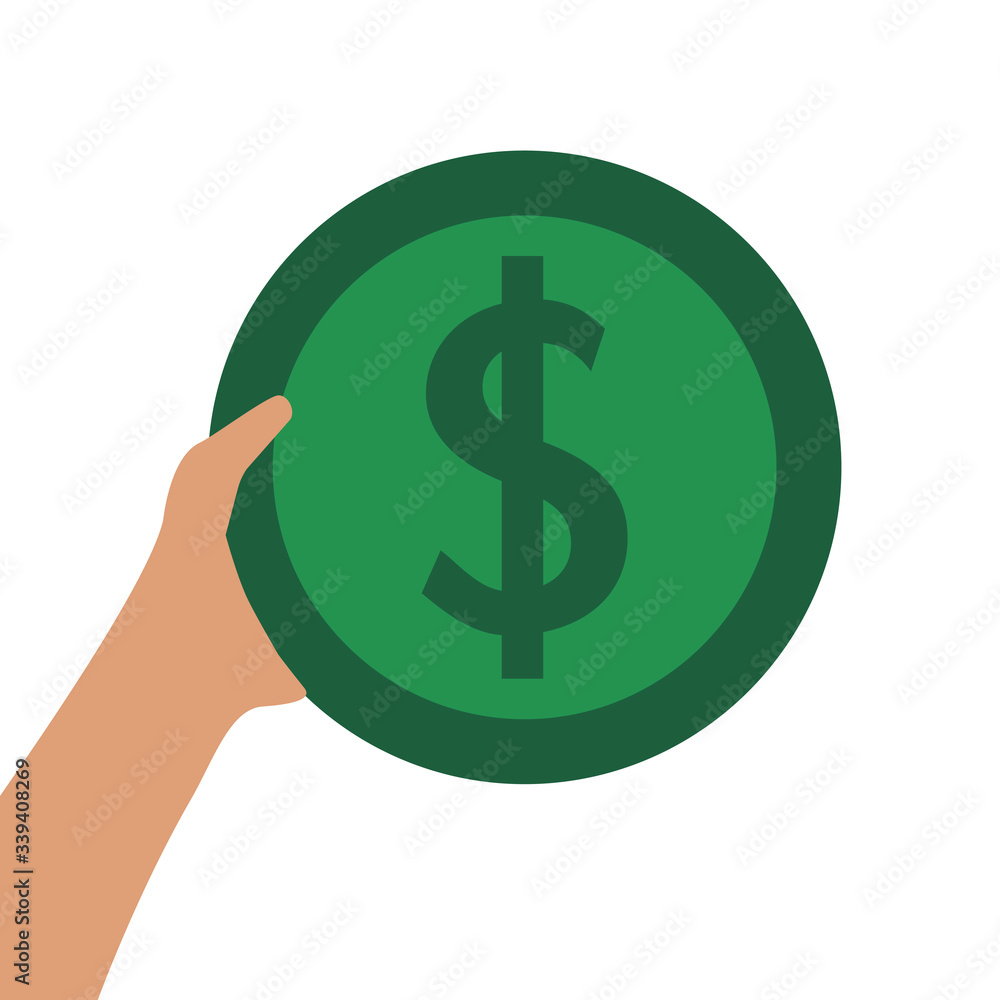 Image of a hand holding a dollar coin on a white background. Green coin icon. Vector isolated illustration. Image of a hand holding a dollar coin on a white background. Green coin icon. Vector isolated illustration.