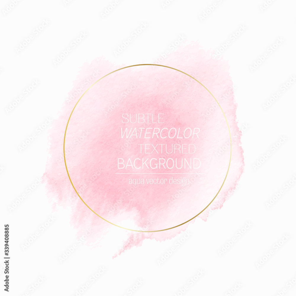 Pink watercolor background with golden round frame. Beautiful logo or