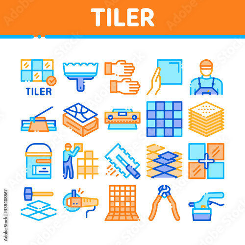 Tiler Work Equipment Collection Icons Set Vector. Tiler Rectangular Notched Trowel And Electrical Tile Cutter, Level Tool And Grinder Concept Linear Pictograms. Color Illustrations
