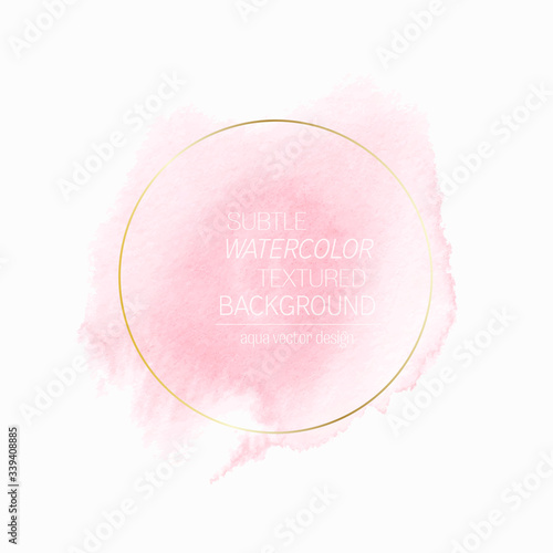 Pink watercolor background with golden round frame. Beautiful logo or wedding invitation design .