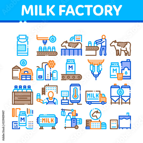 Milk Factory Product Collection Icons Set Vector. Cow And Milk In Can, Conveyor And Plant, Bottle And Package, Truck Delivery And Machine Concept Linear Pictograms. Color Illustrations