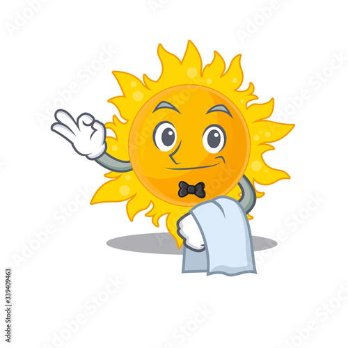 A cartoon character of summer sun waiter working in the restaurant
