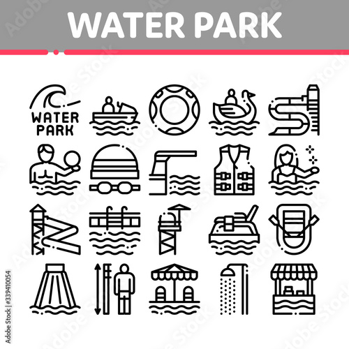 Water Park Attraction Collection Icons Set Vector. Swimming Wear And Equipment, Life Jacket And Lifebuoy, Boat And Water Park Pool Concept Linear Pictograms. Monochrome Contour Illustrations