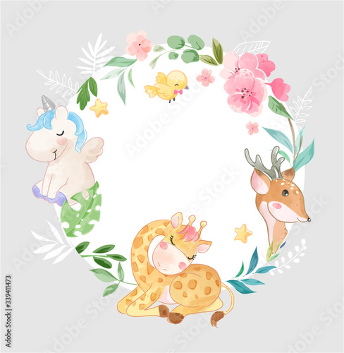 Cute Animal in Circle Flowers Frame Illustration
