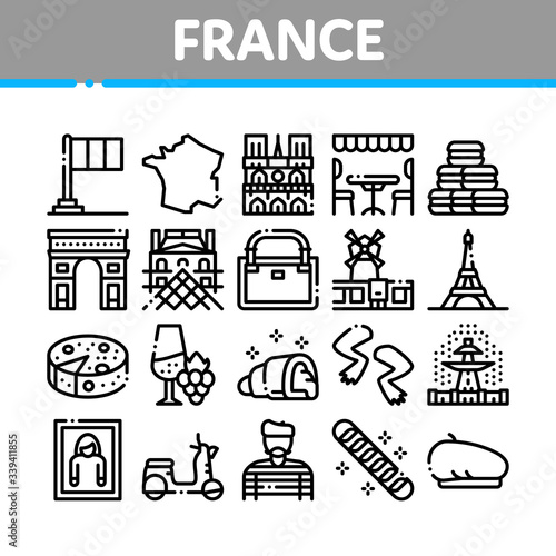 France Country Travel Collection Icons Set Vector. France Flag And Triumphal Arch, Eiffel Tower And Moulin Rouge, Cheese And Croissant Concept Linear Pictograms. Monochrome Contour Illustrations
