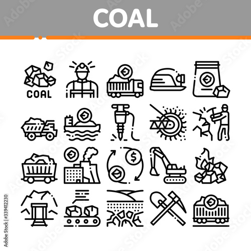 Coal Mining Equipment Collection Icons Set Vector. Coal Truck Delivery And Conveyer, Helmet And Jackhammer, Excavator And Factory Concept Linear Pictograms. Monochrome Contour Illustrations