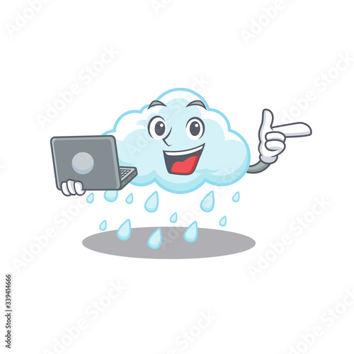 Cartoon character of cloudy rainy clever student studying with a laptop