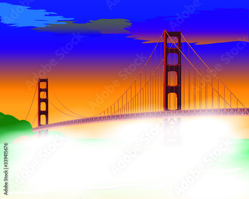 Bridge at dawn in the fog. Golden Gate Bridge isolated vector illustration San Francisco California United States of America. For design cards