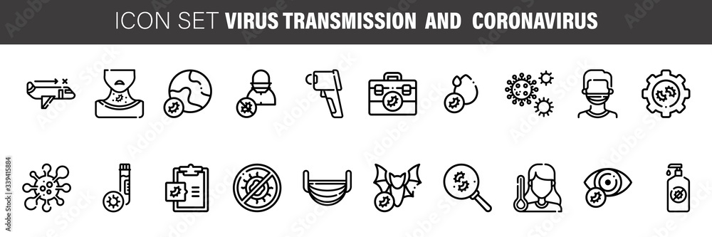 Coronavirus line icon set for infographic or website. Covid-19 symptoms, transmission and precauion outline icons. Virus pandemic vector illustrations. 2019-nCoV prevention tips mask, wash hands. Coronavirus line icon set for infographic or website. Covid-19 symptoms, transmission and precauion outline icons. Virus pandemic vector illustrations. 2019-nCoV prevention tips mask, wash hands.