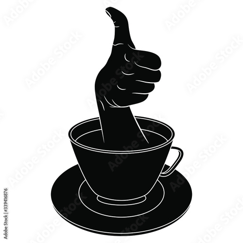 Isolated vector illustration. Human hand with thumb up gesture emerging from cup of coffee or tea. Black and white silhouette. Creative funny concept. Good beverage.