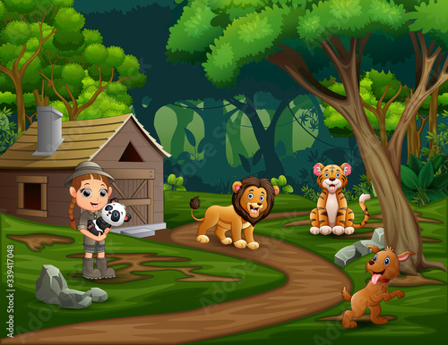 Safari girl with animals at the forest
