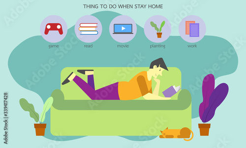 Man stay home to prevent coronavirus spreading vector icon concept, social isolation, self quarantine flat cartoon concept. Thing to do when stay home.