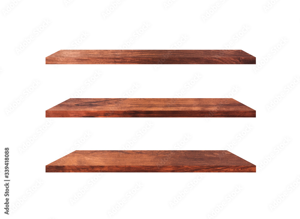 Collection of wooden shelves isolated on white background with clipping path for design and work Collection of wooden shelves isolated on white background with clipping path for design and work