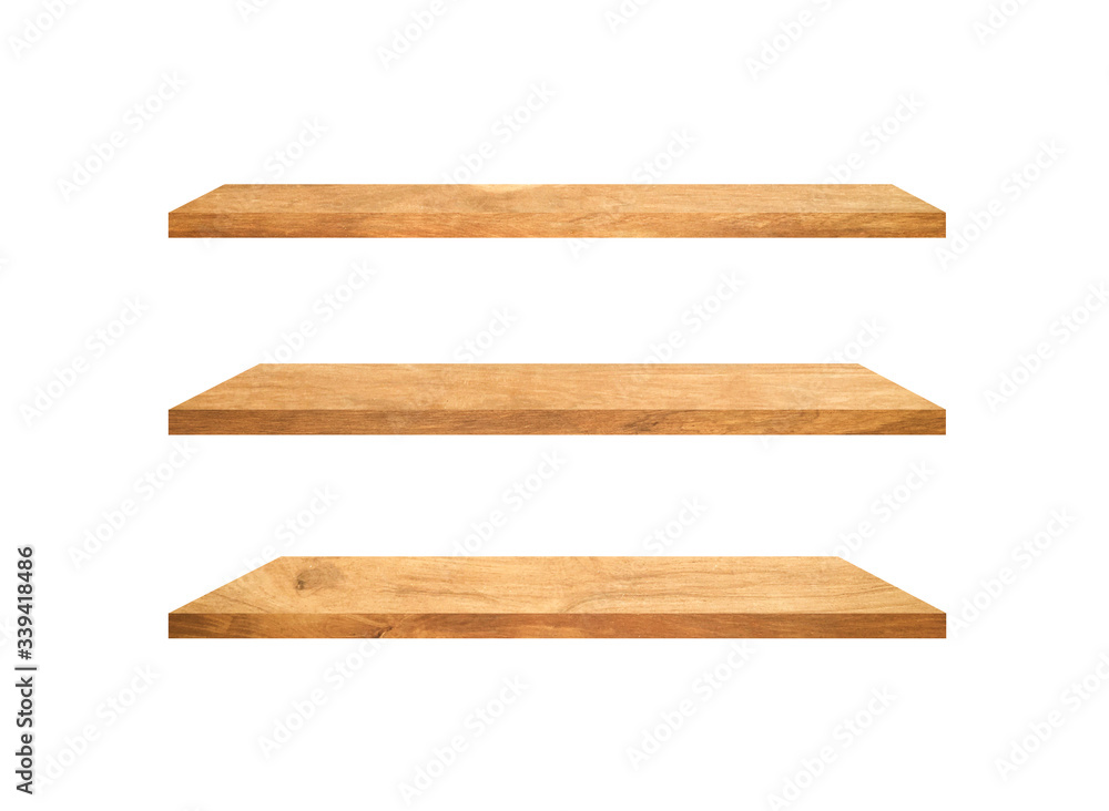 Set of wood shelves isolated on white background with clipping path for design. Used for display or montage your products Set of wood shelves isolated on white background with clipping path for design. Used for display or montage your products