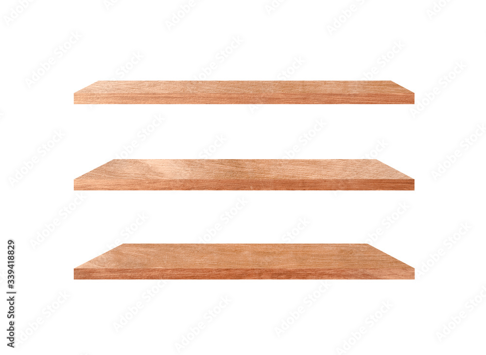 Three wooden shelves isolated on white background with clipping path for your product or design