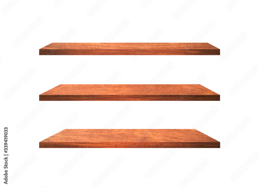 Three wooden shelves isolated on white background with clipping path for your product or design Three wooden shelves isolated on white background with clipping path for your product or design