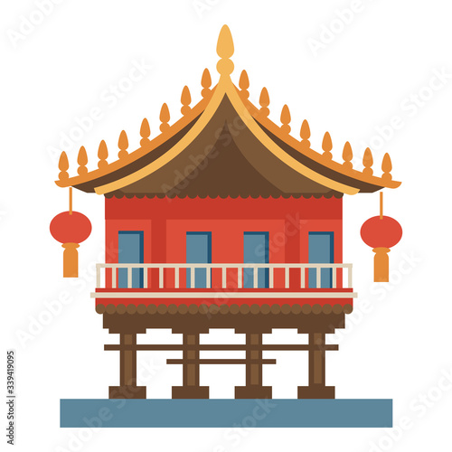 Chinese temple with lanterns, traditional architecture of China
