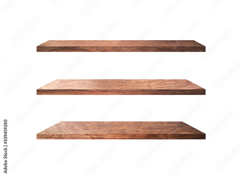 Three wooden shelves isolated on white background with clipping path for your product or design Three wooden shelves isolated on white background with clipping path for your product or design