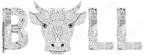 Bull head artwork illustration for coloring on the white background