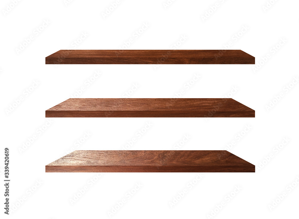 3 Retro wood shelves isolated on white background with copy space and clipping path for work 3 Retro wood shelves isolated on white background with copy space and clipping path for work