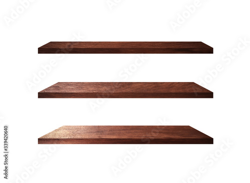 Fototapeta Naklejka Na Ścianę i Meble -  3 Retro wood shelves isolated on white background with copy space and clipping path for work