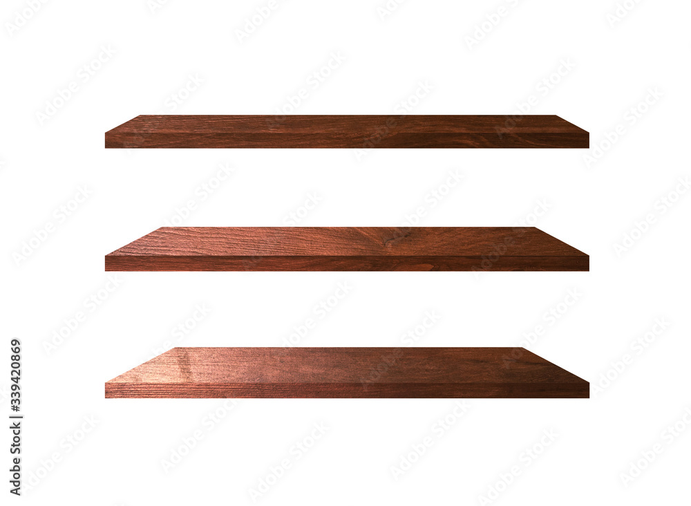3 Retro wood shelves isolated on white background with copy space and clipping path for work 3 Retro wood shelves isolated on white background with copy space and clipping path for work