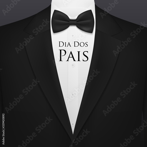 Dia Dos Pais Fathers day holiday vector greeting with bow tie, celebration of daddy honoring. Black bowtie, tuxedo and white shirt with laydown collar and Dia Dos Pais greetings photo