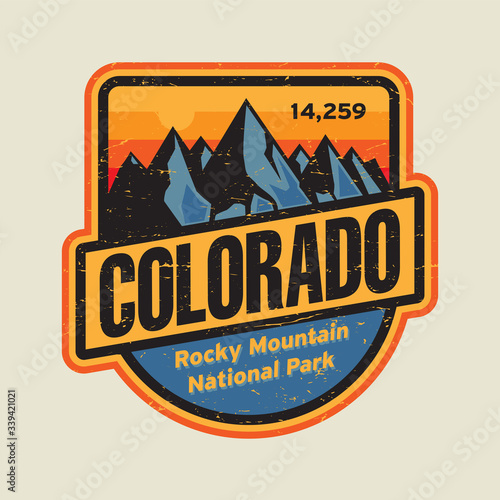 Colorado label or stamp with mountains. Grunge t-shirt print