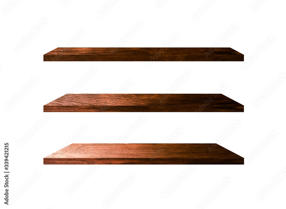 3 Retro wood shelves isolated on white background with copy space and clipping path for work 3 Retro wood shelves isolated on white background with copy space and clipping path for work