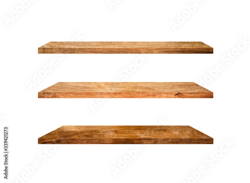3 Retro wood shelves isolated on white background with copy space and clipping path for work photo