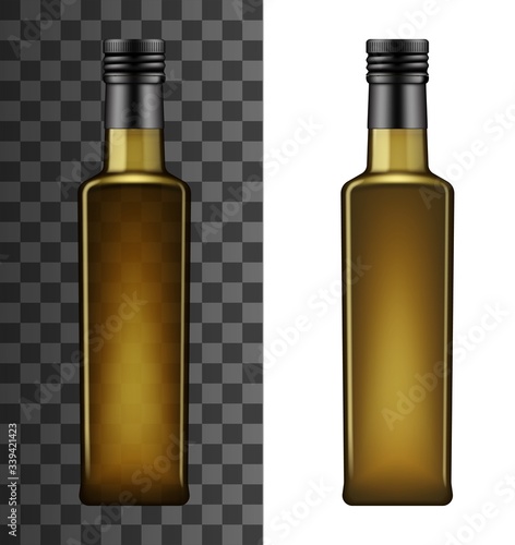 Olive oil bottle, square shape of brown glass with black lid. Vector 3D realistic mockup template of Italian, Greek or Spanish olive cooking oil, isolated on white and transparent background