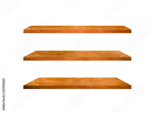 Fototapeta Naklejka Na Ścianę i Meble -  Group of old wood shelves isolated on white background with copy space and clipping path for work. Used for display or montage your products, top view