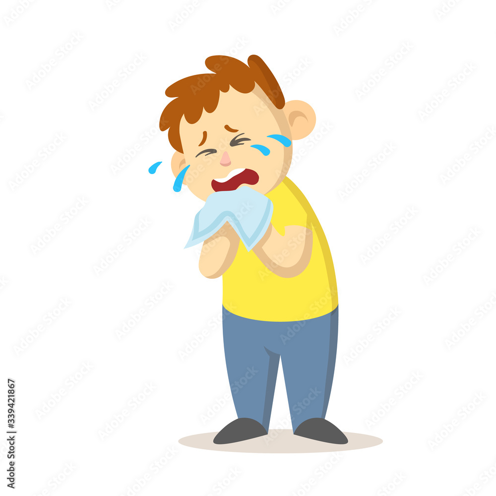 Unhappy boy crying out loud an dwiping his tears with a handkerchief, cartoon character design. Colorful flat vector illustration, isolated on white background.