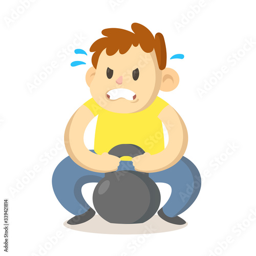 Focused boy trying to lift up a heavy sports weight, cartoon character design. Colorful flat vector illustration, isolated on white background.