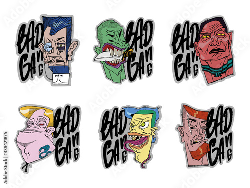 Six portraits of bandits in the form of stickers with the inscription bad gang. Calligraphy. Color vector illustration. Can be used in social networks, for articles, publications, cards, print, poster