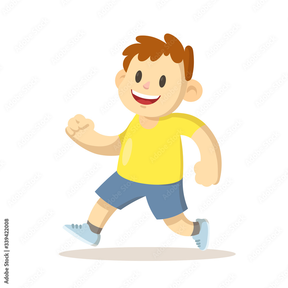 Smiling boy walking or running, cartoon character design. Colorful flat vector illustration, isolated on white background. Smiling boy walking or running, cartoon character design. Colorful flat vector illustration, isolated on white background.