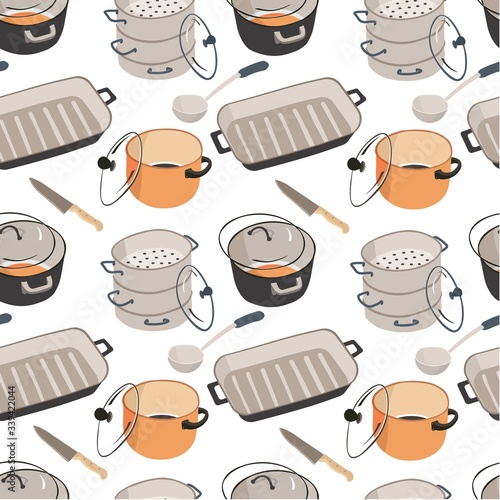 Kitchenware saucepans with lids, frying pan seamless pattern