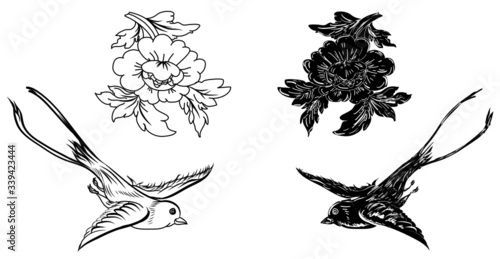 Line thai peony flower with traditional bird isolate on white background.