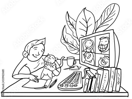 A man work from home in crisis of Corona Virus COVID-19.Illustration design people save at home.A man and cat talk with his friends on social network.He make social distancing 