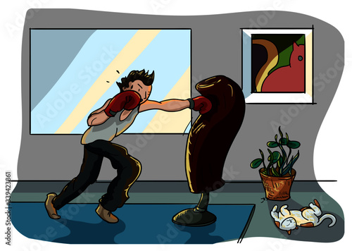 A man work from home in crisis of Corona Virus COVID-19.Illustration design people save at home.A man boxing cadio.